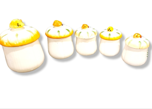 Set of 5 whimsical mushroom butterfly ceramic canisters - Picture 5 of 16